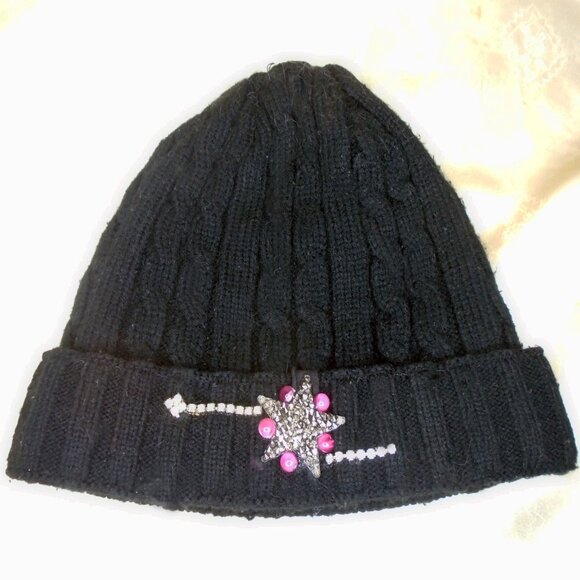 Black Beanie with Star & Rhinestone-Embellished OOAK Acrylic Knit Cap Hat - Picture 6 of 8